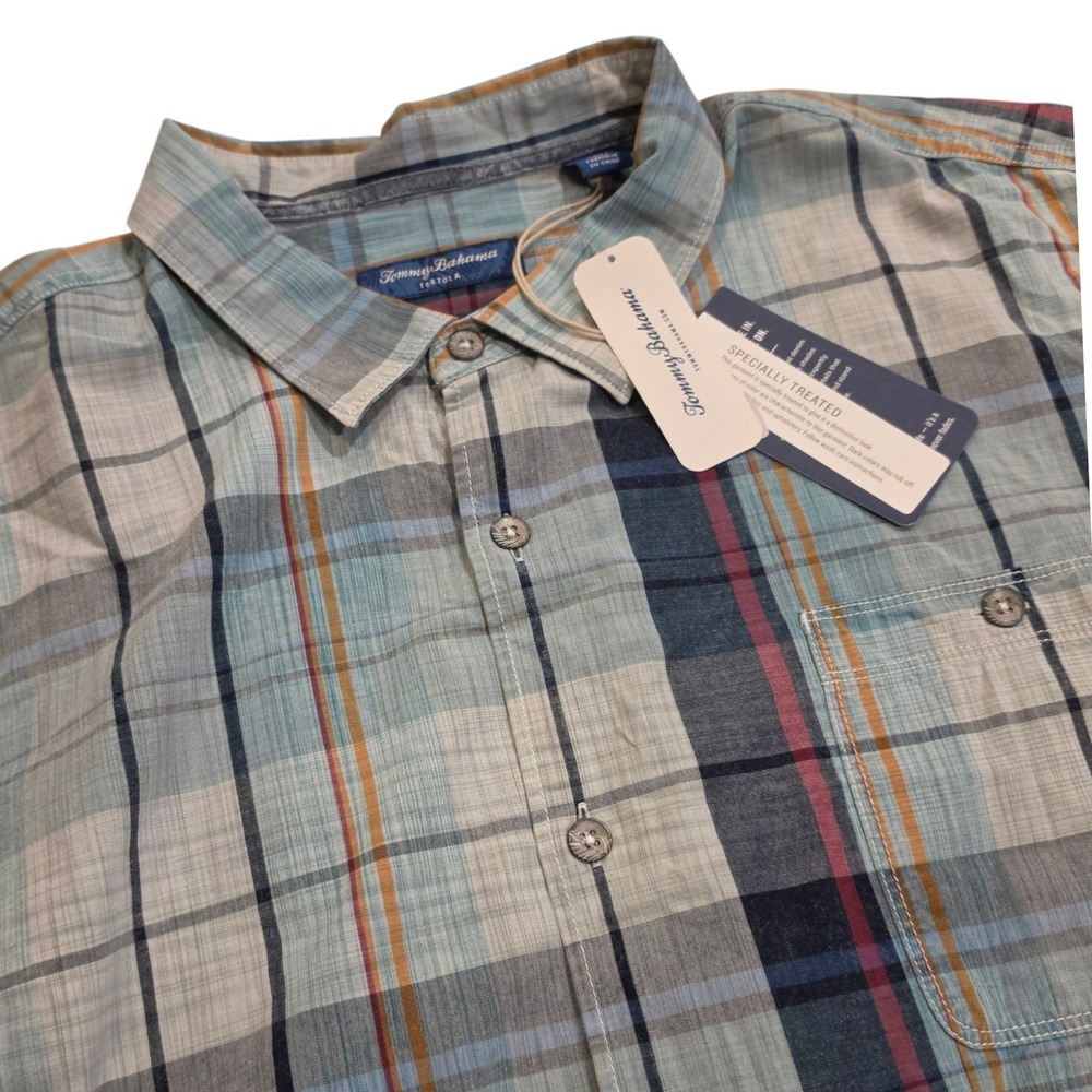 Tommy Bahama‎ Mens Button Down Shirt Blue Multi Plaid Tortola Cotton 3XL